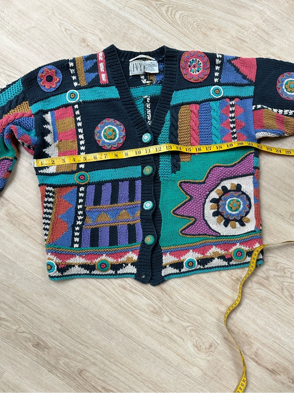Hand-Knit Patchwork 80s 90s Bold Graphic Quirky Maximalist Oversized Sweater ~ M - Picture 11 of 17
